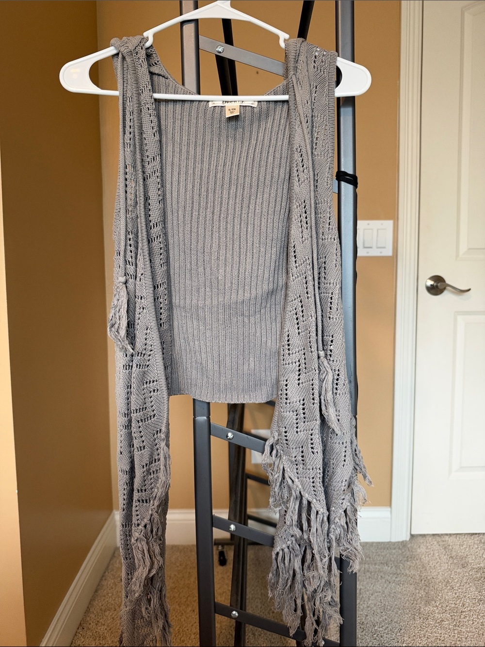 Decree Gray Knit Fringe Open Vest